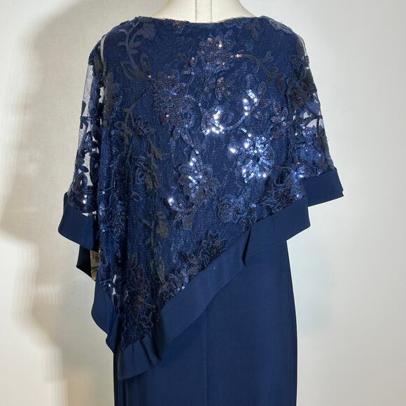 NWT R&M Richards Navy Blue 1 Piece Sequin Lace Poncho Sheath Dress Womens Size 8 - Picture 11 of 16